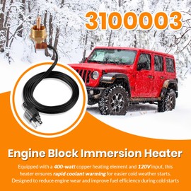 3100003 Engine Block Immersion Heater for Eagle, Jaguar, Jeep, Renault, Kubota, Perkins, Yanmar, 1" NPT Brass Adapter, 120V, 400W, Fast Heating & Durable Copper Core