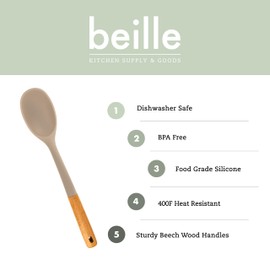 Beille 1pc Beech Wood and Silicone Cooking Spoon Kitchen Utensils Baking Supplies Home Essentials, Light Grey