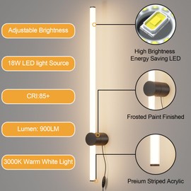 Aoceley 31.5 Inches Modern Plug in LED Wall Sconce Set of Two,22W 3000K Stepless Dimming Indoor Long Strip Wall Light with Acrylic Lampshde,LED Wall Lamp for TV Side Bedroom,Black