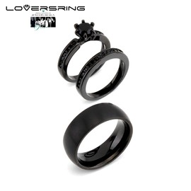 LOVERSRING Couple Ring Bridal Sets His Hers Women 18k Black Gold Plated Cz Men titanium Wedding Ring Band Set