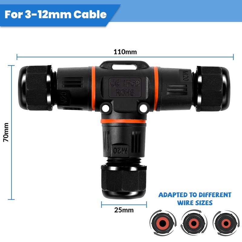 Pack of 2 Cable Connectors Waterproof IP68, T-shape Junction Box,