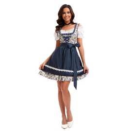 Dirndl Women's Midi Costume Dress Women's Dirndl Dress with Lace Costume Fashion Including Dirndl Blouse Dirndl Apron 3-Piece for Oktoberfest Carnival Blue (Updated Version) L