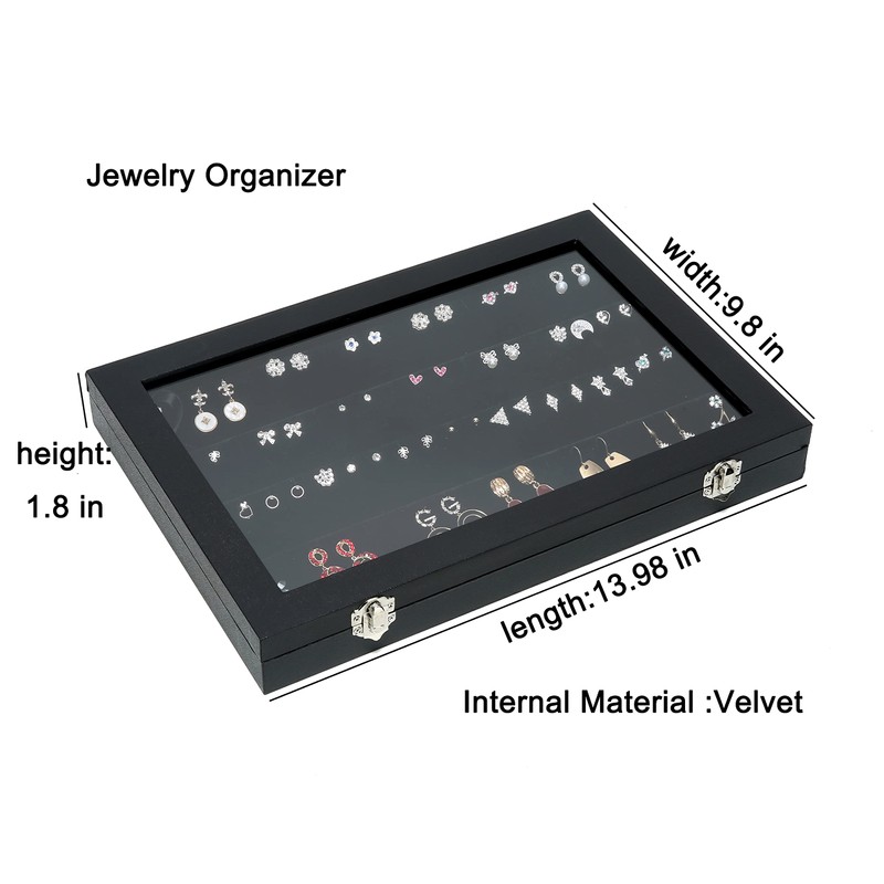Black Velvet Earrings Organizer Tray with Transparent Glass lid Earrings