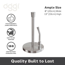 OGGI Stainless Steel Paper Towel Holder - with Tension Arm and Tear Bar, 13" Height - Stainless Steel Construction