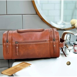 VC VINTAGE COUTURE Leather Toiletry Bag for Men - Extra Large Leather Men's Toiletry Bag for Traveling Hanging, Real Leather Dopp Kit for Men Leather Shaving Bag for Travel (Tan Brown)