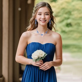 BriLove Flower Jewelry Set for Women,Crystal Rhinestones Flowers Marquise Cluster Statement Necklace Long Dangle Drop Earrings Wedding Bridal for Women Party Prom Light Blue Silver-Tone