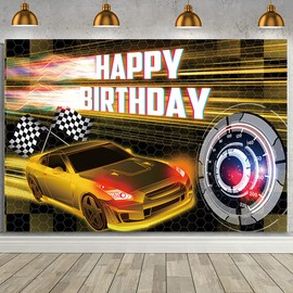 MEHOFOND 7x5ft Car Racing Happy Birthday Backdrop, Racing Party Photo Background for Boys, Cars Party Decorations Car Banner Gold Race Car Birthday Party Supplies Party Decor