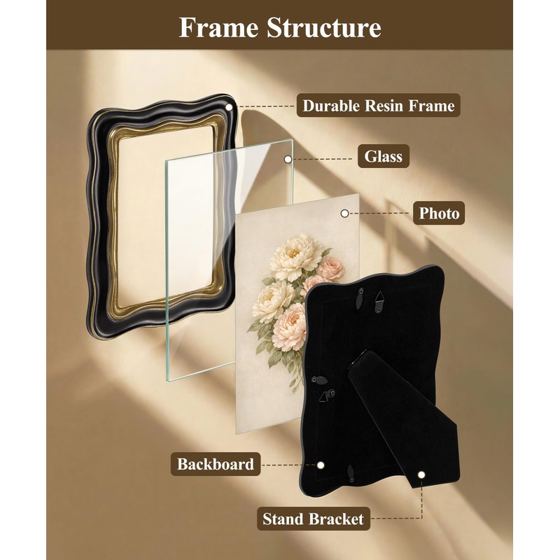 Afuly Black 5x7 Picture Frame Vintage Gold Wavy Resin Photo