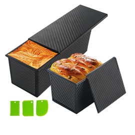 Barlket Black Pullman Loaf Pan with Lid 13x4, Pullman Loaf Pan with Cover, 2.2 LB & 0.5 LB Dough Capacity, 2 Pack Nonstick Pullman Bread Pan Corrugated Surface, for Sourdough, Sandwiches, and Toast