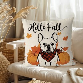 QIONG MENG Fall Pillow Covers 18x18 Inch French Bulldog Throw Pillow Covers Autumn Harvest Dog Pillowcase Farmhouse Home Decorations Sofa Bedroom Cushion Case