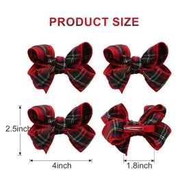 4PC Christmas Hair Bow Clips for Women Girls 4 Inch Party Dress up Hair Accessories Red with Green Plaid