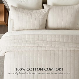 EVERGRACEHOME 100% Cotton Box Stitch Quilt Bedding Set King Size 3 Pieces, Garment-Washed Lightweight Soft Cozy Coverlet, Oversized Quilted Bedspread Sets with 2 Shams for All Season, Birch