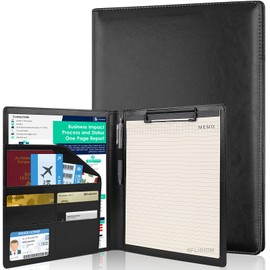 Clipboard Padfolio with Storage Pocket,Clipboard Folder Portfolio Organizer,360 Degree Foldable Clipboards with Refillable Notepad,Faux Leather Padfolio Organizer for Office School Supplies-Dark Black