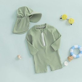 Baby Boys Girls Swimsuit One Piece Striped Zipper Bathing Suit Rash Guard Long Sleeve Seersucker Swimwear Sunsuit (Green, 18-24 Months)