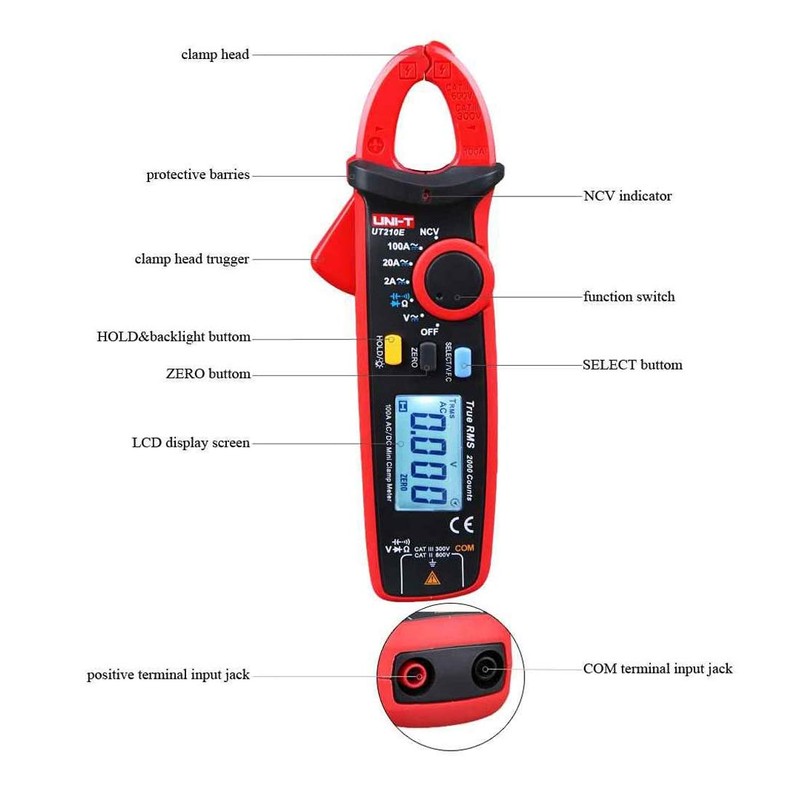 Digital UT210E/UT210D 100Amp 600V AC DC Clamp Meter Multimeter True