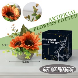 mizii Small Artificial Flowers Potted Plant Fake Flower Realistic Silk Orange Sunflower and Greenery with Vase for Table Decor Centerpiece Office Desk Shelves Living Room Decorations (S-Orange)