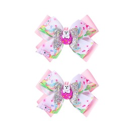 2 Pack Cute Easter Bunny Hair Bows Ribbon Clips Girls Women Rabbit Spring Hair Accessories.(FH6) (Pink)
