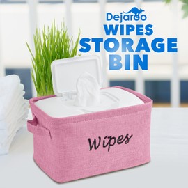 Dejaroo - Baskets for Organizing Wipes and Newborn Essentials, Diaper and Wipes Organizer, Embroidered Baby Shower Gifts for Moms, Linen Basket with Handle, 9 x 6 x 5.5 Inches, Pink