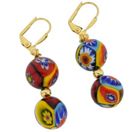 Murano Mosaic Millefiori Festive Ball Earrings - Gold, Glass, Crystal