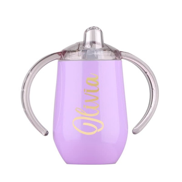 Varsany Personalised Baby Sippy Cup for Toddlers - BPA-Free Stainless Steel Double Walled - Free Flow Sippy Cup - Easy Transition - Purple