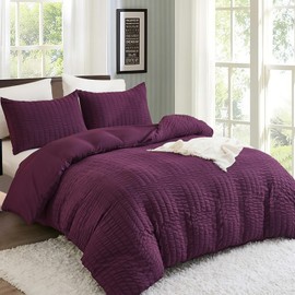 Purple Double Size Bedding Set Classic Seersucker Duvet Cover Set Puckering Pinch Pleat Duvet Cover Set,with 2 Pillowcases and Zipper Closure,200x200 cm