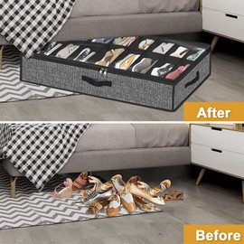 Under Bed Shoe Storage Organizer Fits 16 Pairs Shoes and 4 Pairs Boots, Underbed Shoe Storage Boxes Bins, Organizador De Zapatos, Extra Large Zapateras Organizer for closet, Black, Set of 2