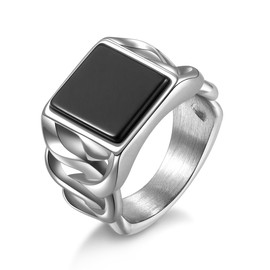 Mens Onyx Ring Stainless Steel Vintage Braided Cuban Link Signet Ring Size 11