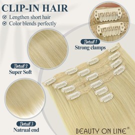 BEAUTY ON LINE Natural Thick Straight Hair Extensions, 22-Inch Mixed Bleach Blonde Clip-In Hair Extensions, 6Pcs Synthetic Straight Hair Pieces for Women