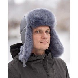 Futrzane Leather Trapper Hat - Russian Hats with Ear Flaps for Men - Bomber Hat (M, Steel Blue - Steel Blue Siberian)