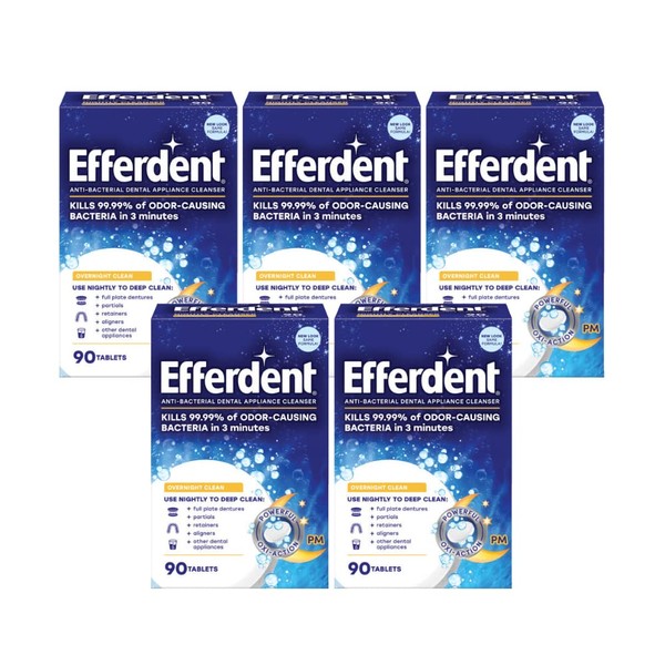 Efferdent PM Overnight Anti-Bacterial Denture Cleanser Tablets 90 ct. (Pack of 5)