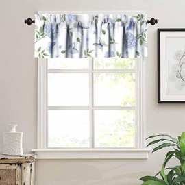 Cortina de cenefa de hortensias de primavera, acuarela de verano, azul, polilla, mariposa, flores de jardín, tratamiento de ventana opaca para granja, cocina, recámara, 54 x 18 pulgadas