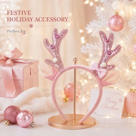 Pink Reindeer Antler Headband Glitter Bow Elk Bells Hair Hoop
