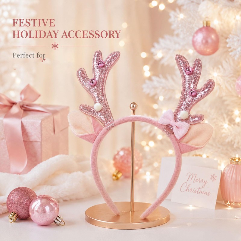 Pink Reindeer Antler Headband Glitter Bow Elk Bells Hair Hoop