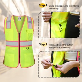 FATONE Women's ANSI Class 2 High-Vis Safety Vest with Reflective Strips, Zipper Pockets & Adjustable Waist - Yellow/Pink Construction Work Vest for Warehouse Personnel, Road Crews M