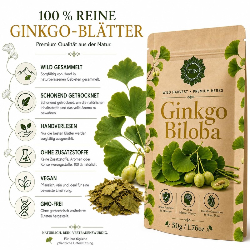 Premium Ginkgo Biloba Leaves 50 g | 100% Pure, Raw,