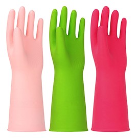 HINSOCHA 3 Pairs Rubber Cleaning Gloves Latex Free Dishwashing Gloves - 13" Reusable Nitrile Gloves Small, Green+Pink+Red
