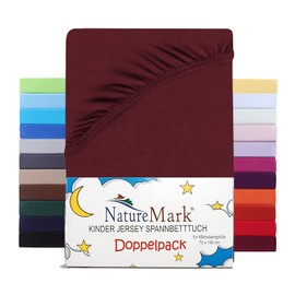 NatureMark Set of 2 Children's Jersey Fitted Sheets, 100% Cotton, for Cot and Cot 70 x 140 cm, Bordeaux Red