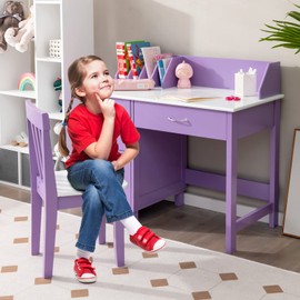 HONEY JOY Kids Desk and Chair Set, Wooden Children School Study Table and Chair w/Drawer, Storage Shelf & Cabinets, Student Computer Workstation Writing Desk for Bedroom, 3-8 Years Old (Purple)