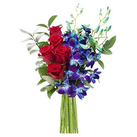 KaBloom Sapphire Red Bouquet of Fresh Red Roses and Exotic Blue Orchids