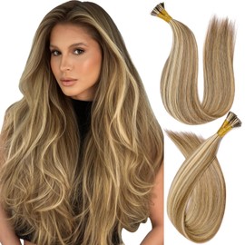 KiiKiiGirl Remy I Tip Hair Extensions Human Hair 18 Inch #A7/60A Dark Brown to Caramel Gold Itip Human Hair Extensions Invisible Silky Straight 30g/38s