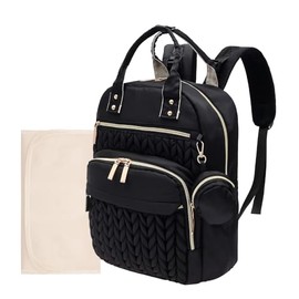 Baby Changing Bag Backpack, Quilted Waterproof Nappy Bag with Insulated Bottle Pockets & Pram Straps, Large Nappy Backpack with Portable Changing Mat for Travel & Walking(Black)