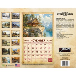 2026 Vintage Log Cabin Wall Calendar 16-Month X-Large Size 14x22, Retro Rustic Cabin Calendar by The KING Company-Monster Calendars