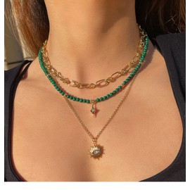 SOFYBJA Green Malachite Beads Choker Necklace Gold Star Zircon Pendant Necklace Women Chakra Healing Gemstone Jewelry Amulet Gifts