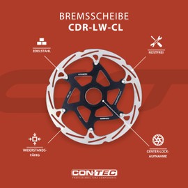 CONTEC Bicycle Brake Disc CDR-LW-CL, 203 mm 218g, Aluminium Spider, Centre Lock, Stainless Steel, Heat Resistant, Easy Assembly, High Braking Power, Silver