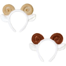 2 Pack Cute Plush Animal Ear Headbands With Horns for Costumes (Brown，Khaki, One size)