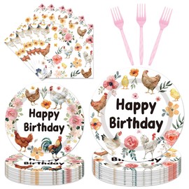 96Pcs Chicken Birthday Party Decorations Disposable Tableware Set - Floral Chick Hens Happy Birthday Paper Plates Napkins Forks Rustic Flower Poultry Dessert Farmhouse Party Supplies Serve 24 Guests