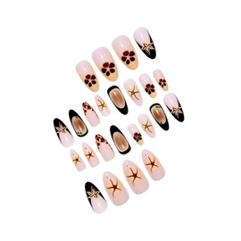 Black French Tips Press on Nails Long Almond Fake Nails with Rhinestones Flower Design Ombre Brown False Nails Crocodile Print Stick on Nails Full Cover Glue on Nails for Women Girls Manicure 24Pcs
