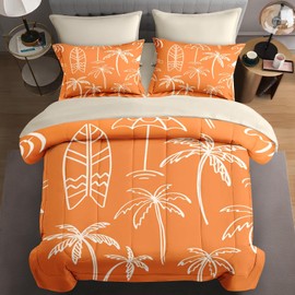 WeCozy 5 Pcs Twin Size Comforter Set with Pillowcase & Sham, Boho Palm Tree Beach Bedding Set for Kids and Adults, Summer Hawaiian Tropical Leaf Bed in a Bag with Flat Sheet and Fitted Sheet