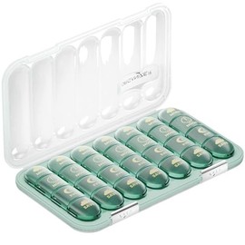 Weekly Pill Box 7 Day, Pill Organiser, Pill Box with Daily Trays – 28 Compartments, Easy-Open Lids, Moisture-Proof Seal, BPA-Free(Green)
