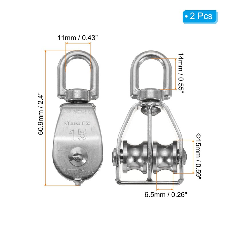 PATIKIL M15 Double Pulley Block, 2 Pack 304 Stainless Steel